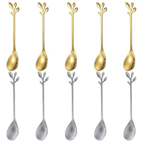 10 Pcs Gold Coffee Spoons, Leaf Shaped Coffee Spoons, Small Stainless Steel Golds Tea Spoonss, Practical Everyday Kitchen Tool, for Dessert, Cake, Coffees, Afternoon Tea(12x 1.2cm, Silver, Gold)