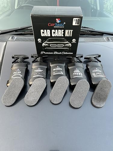 Image of CAR SAAZ Car Care Kit (Pack of 10 Pcs) | Includes: All in One Polish, Dashboard Polish, Upholstery Cleaner, Shampoo, Tyre Shiner (200ml Each), 5 Applicators & Cloth | Car Polish Kit | Clean & Protects