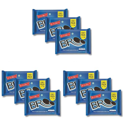 Image of BakeMate BRO Choco Vanilla Sandwich Biscuits Family Pack - Combo Pack of 9 (500g Each) | Vanilla Cream Biscuit | Snack for Kids | Family Pack Sandwich Cream Biscuit | Tea Time Snack | Cookies Packs | Value Pack Biscuits