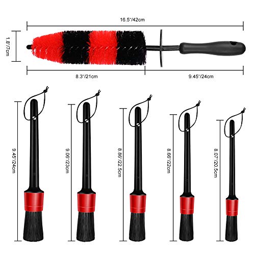6 PCS Car Wheel Brush Cleaning Set, 16.5 Inch Long Soft Bristle Tire Brush and 5 Different Sizes Detailing Brush Kit For Washing Wheels Rims Exhaust Tips Vehicle Engine Air Vents And Interior