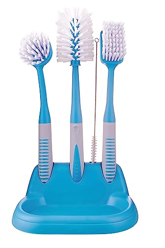 Image of Dish Brush Set of 5 with Convenient Holder, Bottle Water Brush, Dish Scrub Brush, Scrubber Brush and Straw Brush - Kitchen Scrub Brushes Non Slip Long Handle for Sink Dishes Cup Pot