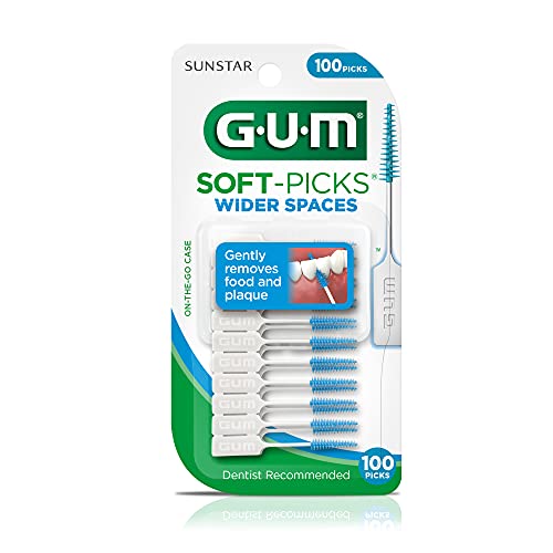 Image of GUM Soft-Picks Wider Spaces Picks, 100 Count (3 Pack) | 25% wider bristles, Tapered design, Fits braces & bridges, Latex & wire free, Plastic carry case included, Disposable picks