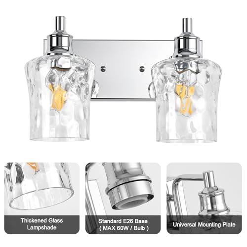Image of Bathroom Light Fixtures Farmhouse Chrome Vanity Lights for Bathroom Lighting Fixtures Over Mirror with Hammered Glass Lampshade for Cabinet Mirror Bedroom Hallway 2 Light