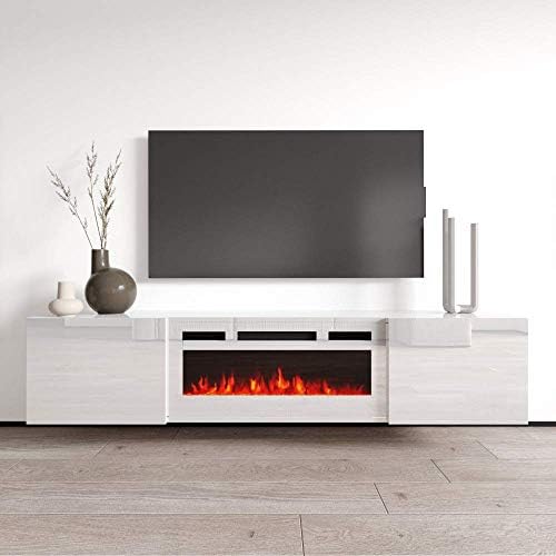 Meble Furniture Cali WH-EF TV Stand with Floating Fireplace - Modern High Gloss TV Stand with Storage Cabinets - Wall Mounted Media Entertainment Center Console Stand for TVs up to 80