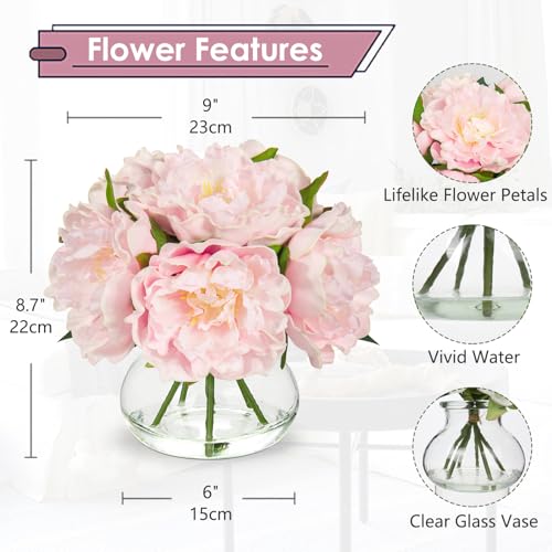 Hollyone Pink Peonies Artificial Flowers with Vase Faux Flowers Peony Fake Flowers Silk Flower Arrangements in Glass Vase with Faux Water for Home Decor Bathroom Table Centerpiece Shelf Decorations - Image 3