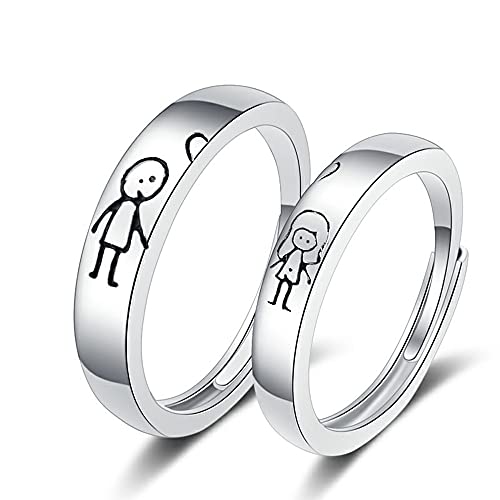 Image of Cartoons Couple Rings for Him and Hear Cute Hand in Hand Sweetheart Love Heart Wedding Engagement Bands Open Statement Ring Eternity Love Promise Ring Anniversary Jewelry Gifts Wife
