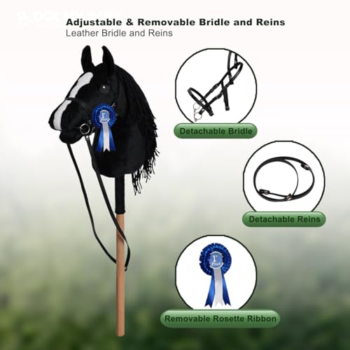 ROCK MY BABY Hobby Horse with a Detachable Bridle Plush Stuffed Stick Horse with Award Ribbon for Kids 3+ Years Old (Black)