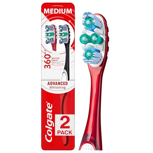 Colgate 360 Optic White Advanced Whitening Toothbrush, Adult Medium Toothbrush with Whitening Cups, Helps Whiten Teeth and Removes Odor Causing Bacteria, 2 Pack