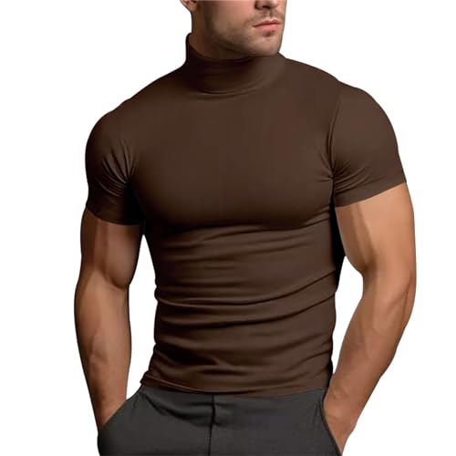 Camisetas de cuello alto para hombre, acanaladas, de manga corta, cuello alto, para otoño, térmica, capa base, Z11-brown - Camiseta de cuello alto para hombre, S