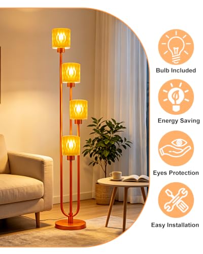 Image of Lightdot Orange Glass Floor Lamp Dimmable 4-Light Farmhouse Gold Floor Lamp | Mid Century Modern Standing Tall Lamp with 5Lbs Heavy Base for Living Room /Bedroom /Sofa Beside /Corner Decor -Bulbs Included