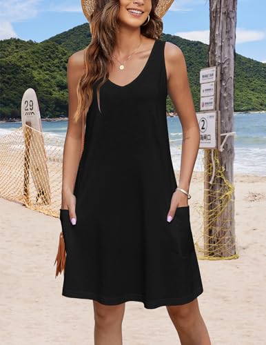 HOTOUCH Sommerkleid Damen V-Ausschnitt Ärmellos Blumenkleid Knielang Strandkleid Leicht Kurz Kleid mit Taschen Freizeitkleid Lässig Casual Boho Minikleid Schwarz M 4