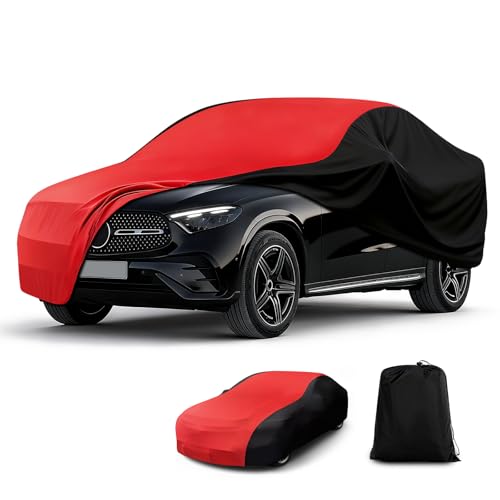 CEMOFE Indoor Car Cover, Universal Stretch Satin Windproof Dust Protection for Dodge Challenger, Mercedes GLE, BMW X5, Breathable Full Cover with Storage Bag for Garage, Car Show, Red & Black