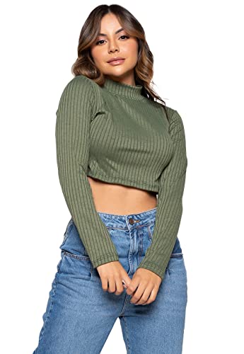 Blusa Cropped Feminina Canelada - Top Manga Longa e Gola Alta - Blusinha Feminina Básica, Blusa Gola