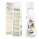 FIVMEN Schmuckschrank mit Spiegel Spiegelschrank Schminkschrank 360° Drehbarer mit 6 LEDs Abschließbar Schmuckaufbewahrung Make-Up Organizer 3 in 1 mit Ganzkörperspiegel Standspiegel, Weiß