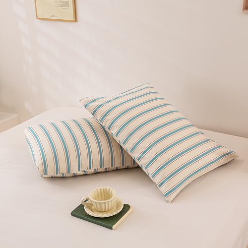 Image of ECOCOTT Striped Pillowcases King Size Set of 2, 100% Washed Cotton Pillow Cases with Envelope Closure, Blue&Brown Ticking Stripe Pillow Covers 20 inchX36 inch