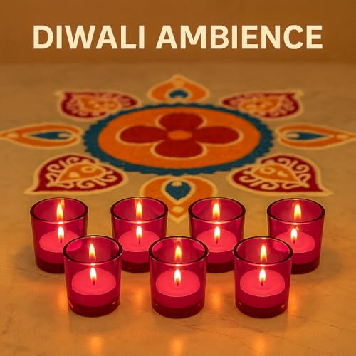 Image of Pure Source India Set of 12 Votive Glass Candle Holders with Tealight Candles | Decorative Diwali Lights for Home, Pooja & Festive Decor (Pink)
