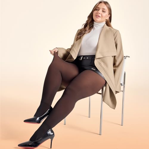 Image of WiliW Plus Size Fleece Lined Tights for Women, Sheer Winter Warm High Waist Thermal Tights Fake Translucent