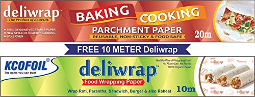 Kcofoil Deliwrap 20Mtr Baking & Cooking Parchment Paper & 10Mtr Food Wrapping Deliwrap Paper Free, White