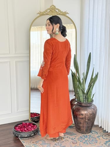 Image of Naixa Women's Silk Chiffon Embroidered A-Line Kurta with Rayon Pant and Silk Chiffon Laced Dupatta Sets (Available in Plus Size) (NX-661)