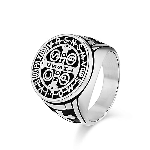 FUTPLOR St Benedict Exorcism Ring, Titanium Steel Catholic Medal Ring Roman Cross Protection Jewelry Religious Amulet Signet Rings for Men (Silver, Size 10)
