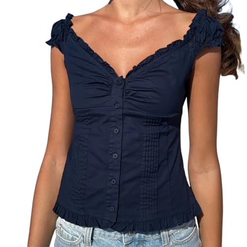 Women Deep V Neck Low Cut Babydoll Top Button Down Lace Trim Shirt Slim Fit Coquette Going Out Clothes (Blue, L)