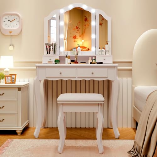 CHARMAID Vanity Desk with Lights - Makeup Vanity Table with Tri-Fold Mirror, 10 Adjustable Hollywood LED Lights, 4 Storage Drawers, Bedroom Makeup Dressing Table with Lighted Mirror and Stool (White)