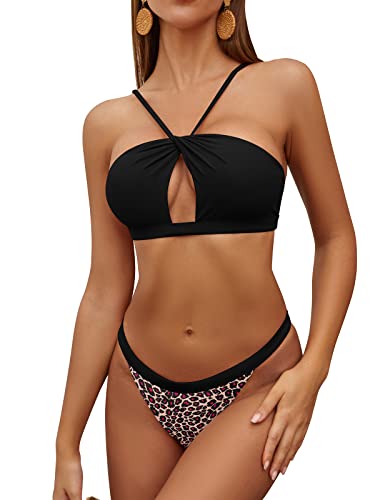 SHEKINI traje de baño de dos piezas con abertura en la parte inferior brasileña para mujer - Negro - Medium
