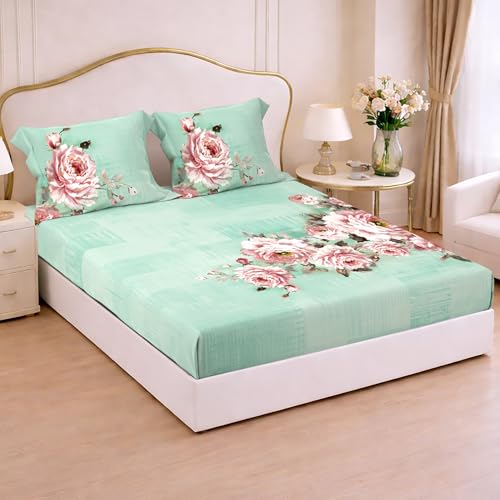 Image of Cloth Fusion Glace Cotton Elastic Fitted Bedsheet Queen Size for Double Bed with 2 Pillow Covers (78X60 inches, Rose Lagoon