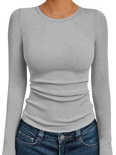 AUTOMET Womens Long Sleeve Shirts Tops Blouses Fall Fashion Ribbed Knit Casual Tshirts Trendy Cute Workout Clothes Heather Grey S