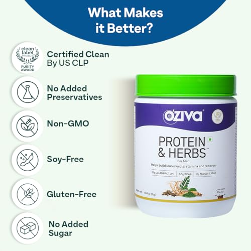 OZiva Protein & Herbs for Men, Chocolate, 16 Servings, 500 g