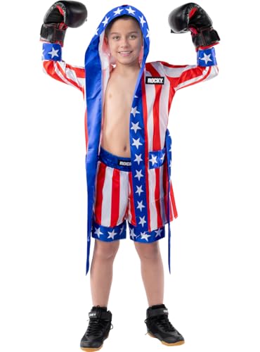 Boxeadores Disfraz 61 Funidelia | Bata de Rocky Balboa para niño Boxeo, Profesiones - Disfraz para niños y divertidos accesorios para Fiestas, Carnaval y Halloween - Talla 5-6 años - Azul