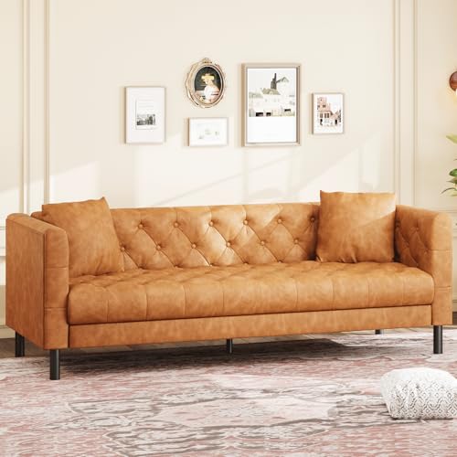 GarveeHome 81 in Leather Couch for Living Room, Modern Leather Sofa with Deep Seat, Handmade Button Tufted 3 Seater Sofa, Chesterfield Couch for Apartment, Office, Cognac Tan