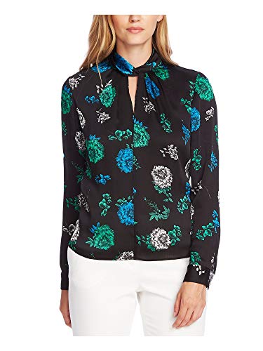 Vince Camuto Long Sleeve Floral Lagoon Twist Neck Blouse Rich Black MD