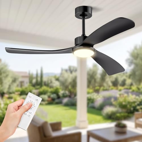 Image of Obabala 52 Inch Ceiling Fan with Light and Remote, 3 black Solid Wood Blades, DC Motor Quiet 35dB, Dimmable LED Reversible for Bedroom Living Room Indoor Outdoor, 6 Speed Timer Downrod