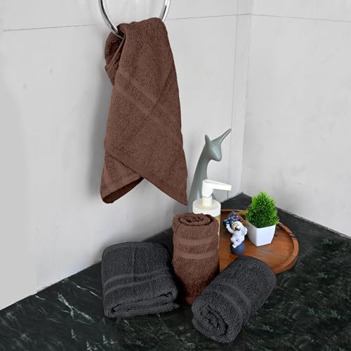 Image of Divine Casa Cotton Hand Towels Pack of 4 Brown & Grey, 550 GSM Ultra Soft & Highly Absorbent Thick Bathroom Towels, 60 x 40 cm