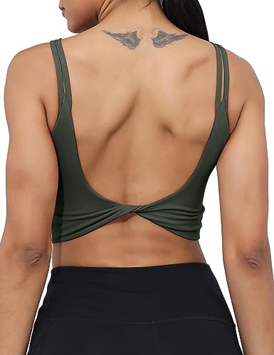 Image of LUYAA Womens Workout Sports Bras Backless Padded Yoga Tank Tops Crop Twist Low Back Cami Bra for Gym