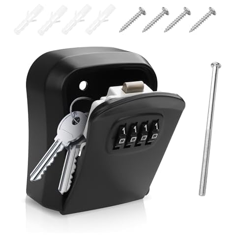 YAODHAOD Key Lock Box Wall Mounted,4 Digit Combination Weatherproof Lockbox for Outside House,Key Safe Storage Security Lock Box Resettable Code for Home,Garage, Office,Garage Key (Black) Cover