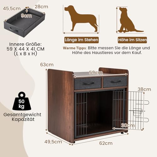 GOPLUS Hundekäfig, Hundebox mit 2 Stoff-Schubladen, abschließbare Tür, Hundehütte Indoor, Tierkäfig Haustierkäfig für Kleine und Mittelgroße Hunde, 62x49,5x63cm