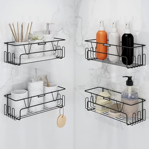 Image of Plantex GI Steel Bathroom Accessories Self Adhesive /Bathroom Shelf for Wall Without Drilling with Side Hooks & Magic Sticker - Black, Powder Coated (Pack of 4)
