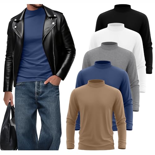 5 Pack Men's Mock Neck Shirts Turtleneck Long Sleeve Tops Pullover Basic Casual Slim Fit T-Shirts Multipack