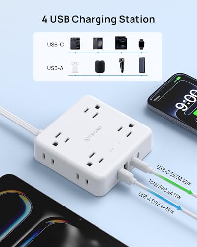 Image of TROND Power Strip, 360 Rotating Flat Plug, 8 Widely Spaced Outlets, 2U2C Ports, Flat Plug Extension Cord 3ft, 1440J Surge Protector, 1625W, White