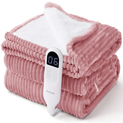 Image of Bedsure GentleSoft Electric Blanket Twin - Soft Ribbed Flannel Heated Blanket Twin Size, Heating with 6 Time Settings (Up to 10H), 6 Heat Settings, Warm Gifts for Grandma (62x84 inches, Pink)