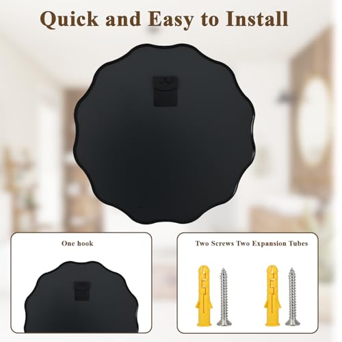 Image of VooBang Black Scalloped Circle Mirror 20 inch Wavy Edge Round Wall Mirror