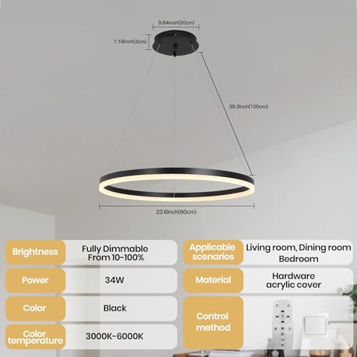 YATAI Modern LED Chandelier,Single Ring Black Lighting Fixture for Dining Room,Acrylic Adjustable Height Chandelier Lighting Fixture Ceiling Hanging Modern LED Pendant Light 34W,3000K-6000K