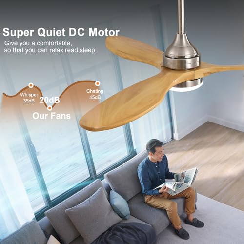 Image of 52 Inch Solid Wood Outdoor Ceiling Fans with Lights and Remote,3 Natural Wood Blades,Dimmable,6 Speed Quiet DC Motor, Indoor Outdoor Ceiling Fan for Patios Bedroom Living Room