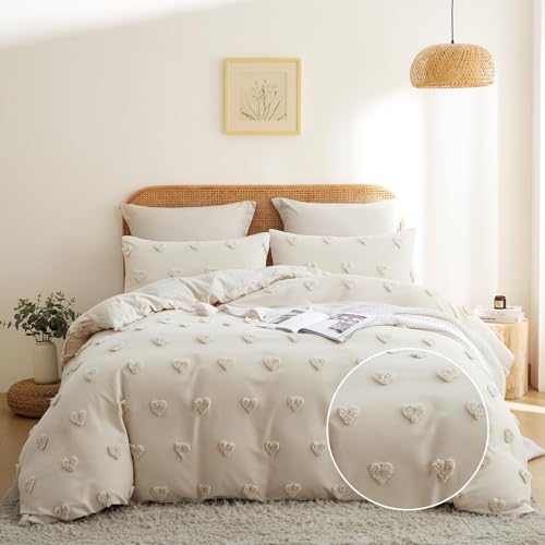 Freyamy Boho Bettwäsche 135x200cm Beige Getuftet Herz Bettwäsche-Sets...