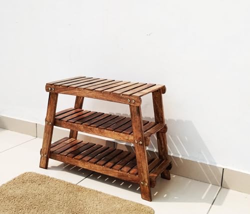 Image of Three-Tier Solid Wood Shoe Rack for Home and Hallway Shoe Organizing & Sitting Bench Use. (1, Triangle)