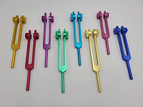 YANTRA, 8 Weighted Chakra Color Coded Therapeutic and Soul Healing Tuning Forks in Velvet Storage Pouch Mallet