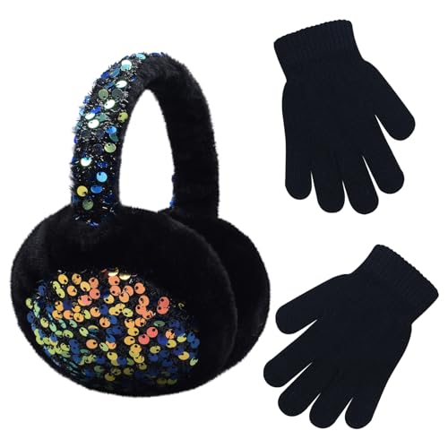 Ear Muffs Gloves Set for Kids Girls Winter Ear Muffs Adjustable Sequins Warm Earmuffs Furry Outdoor