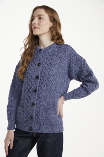Image of Aran Woollen Mills Achill Women's Irish Cable Knit Aran Cardigan, 100% Merino Wool, Made in Ireland, Cream